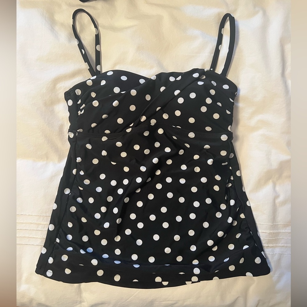 Black and white polka dot strapless swim top. Bandeaukini Bandeau. Swimsuit top.